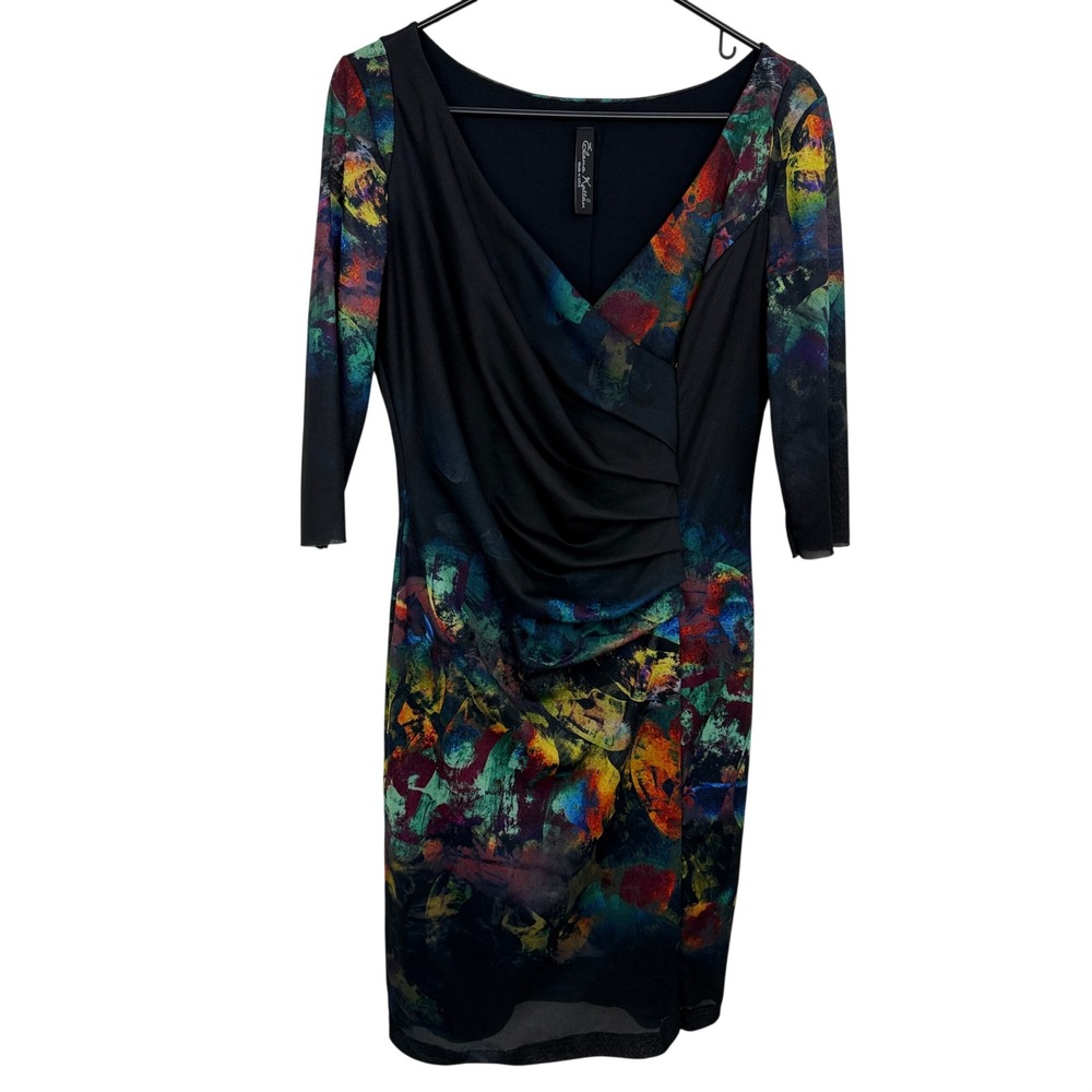 Elaua Kattau Dress Womens Black Multicolor Abstract Print Ruched Mesh Sleeve